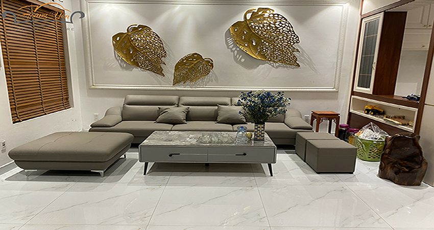 Bàn giao bộ sofa phòng khách HY226 gồm văng đơn và đôn to cho nhà chị Hường tại Đằng Hải